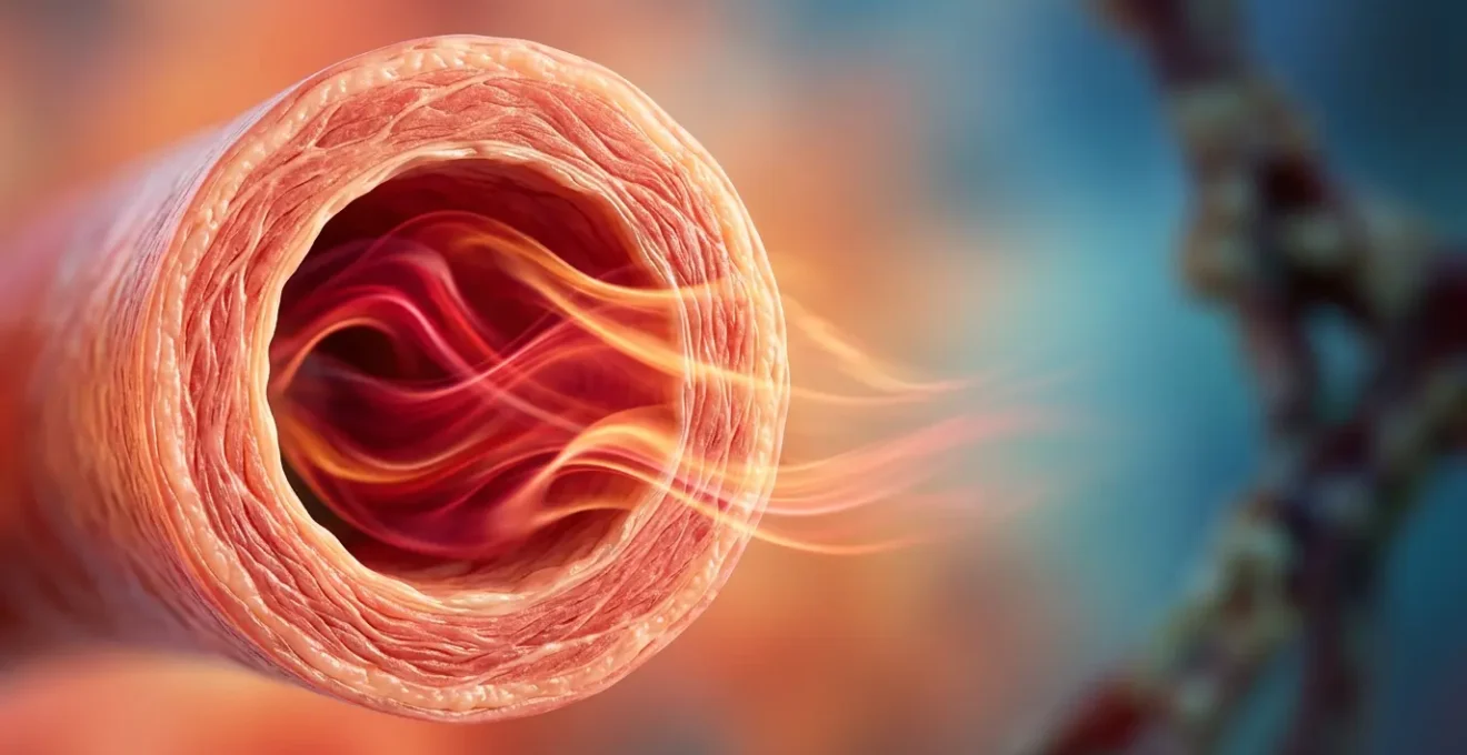 Vue artistique d'une artère souple avec flux sanguin fluide dans un environnement apaisant évoquant le bien-être