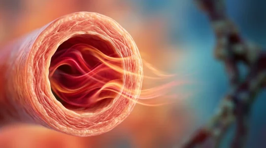 Vue artistique d'une artère souple avec flux sanguin fluide dans un environnement apaisant évoquant le bien-être