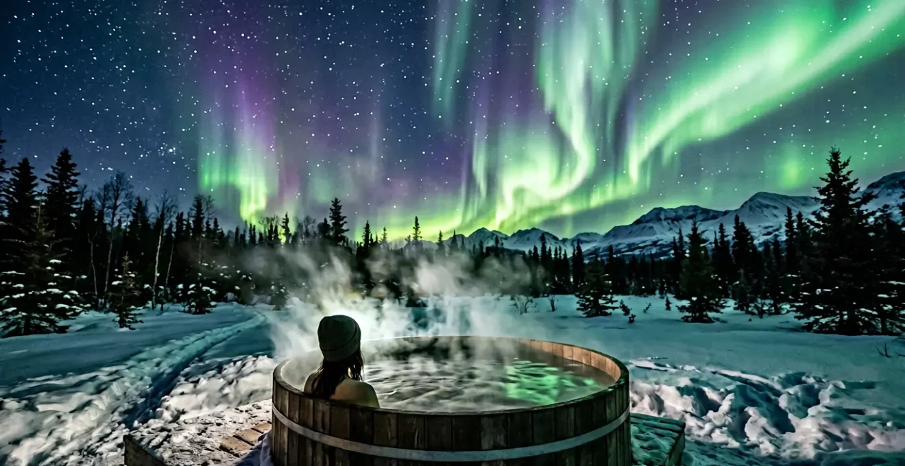 Personne dans un bain chaud extérieur en bois sous des aurores boréales vertes en Laponie