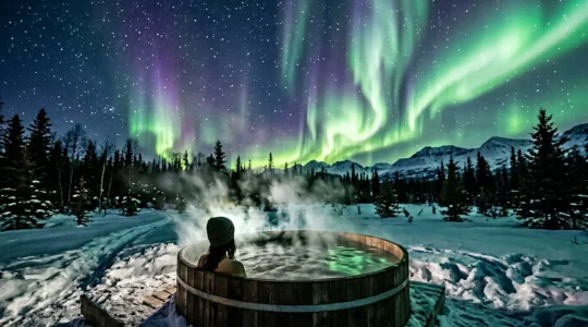 Personne dans un bain chaud extérieur en bois sous des aurores boréales vertes en Laponie