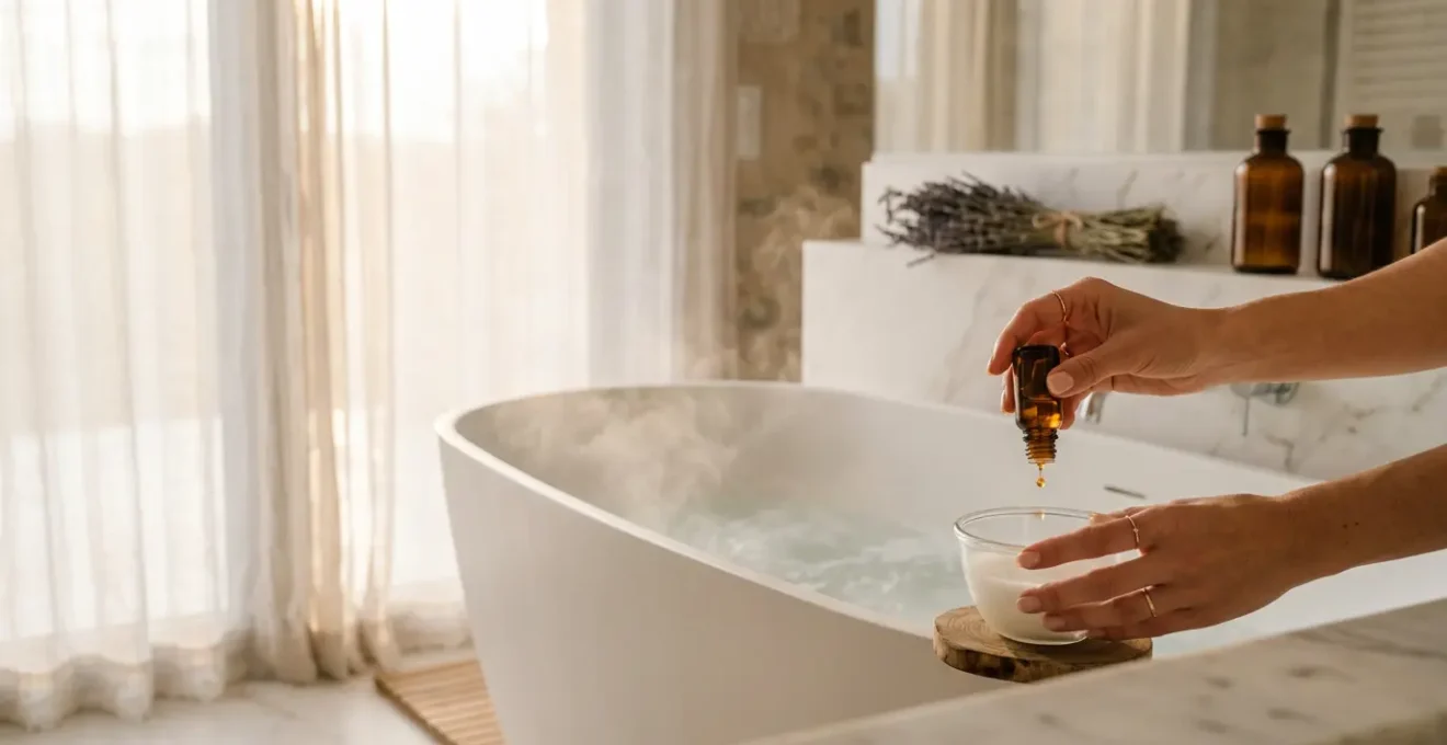 Mains versant délicatement des huiles essentielles dans un dispersant au-dessus d'une baignoire spa avec vapeur d'eau