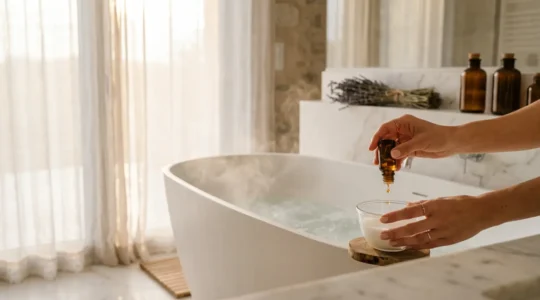 Mains versant délicatement des huiles essentielles dans un dispersant au-dessus d'une baignoire spa avec vapeur d'eau