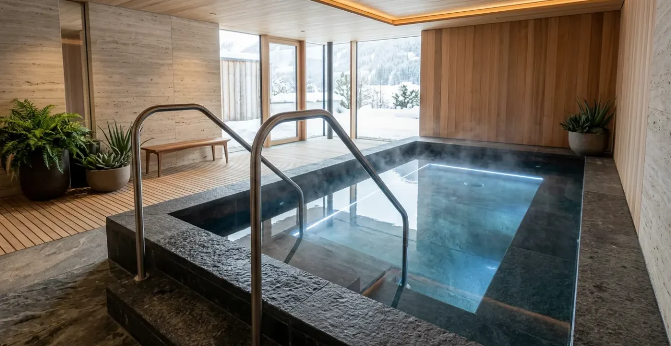 Vue d'ensemble d'un bassin polaire moderne dans un spa avec escaliers sécurisés et environnement luxueux