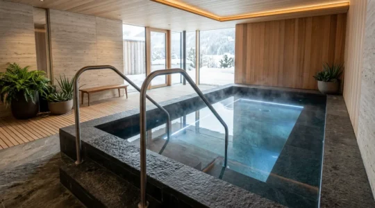 Vue d'ensemble d'un bassin polaire moderne dans un spa avec escaliers sécurisés et environnement luxueux