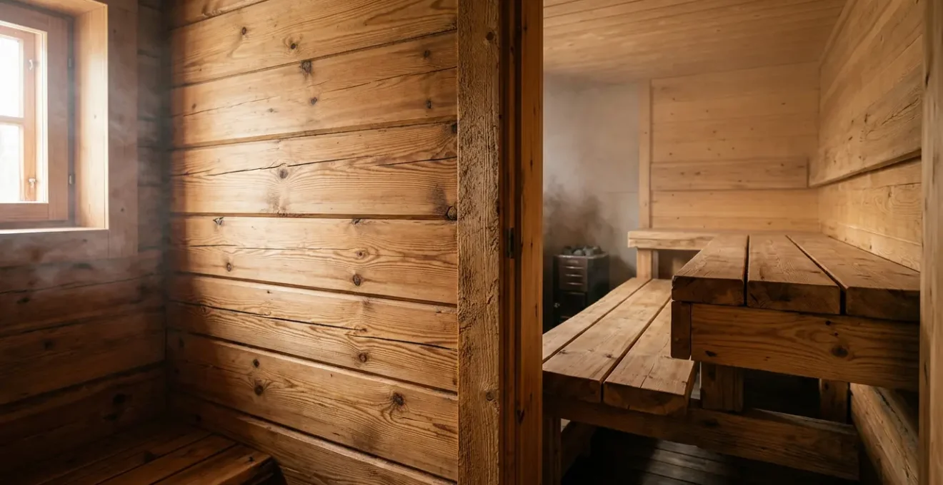 Cabine de sauna en épicéa avec vue sur les parois en bois massif montrant l'isolation thermique naturelle