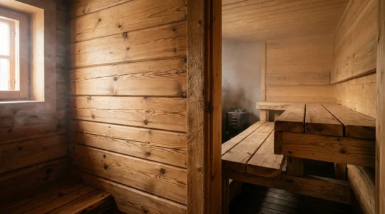Cabine de sauna en épicéa avec vue sur les parois en bois massif montrant l'isolation thermique naturelle