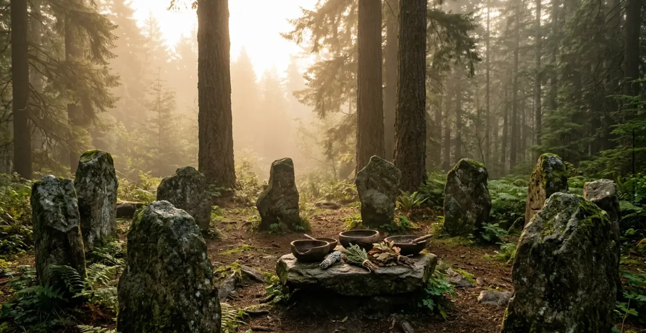 Rituel nordique ancien au cœur d'une forêt brumeuse avec pierres runiques et lumière dorée filtrant entre les arbres