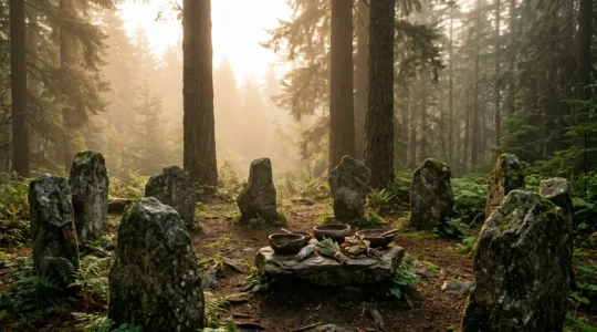 Rituel nordique ancien au cœur d'une forêt brumeuse avec pierres runiques et lumière dorée filtrant entre les arbres