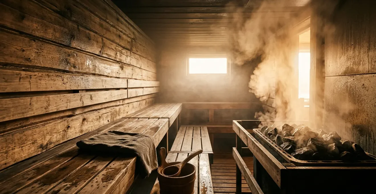 Vue immersive d'un sauna traditionnel avec vapeur et pierres chaudes créant une atmosphère de détoxification