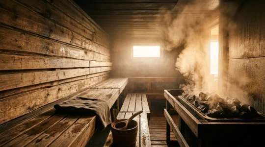 Vue immersive d'un sauna traditionnel avec vapeur et pierres chaudes créant une atmosphère de détoxification
