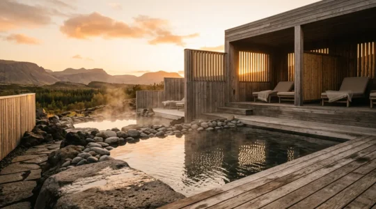 Vue sereine d'un espace spa nordique avec bassins thermaux entourés de bois naturel et pierres volcaniques