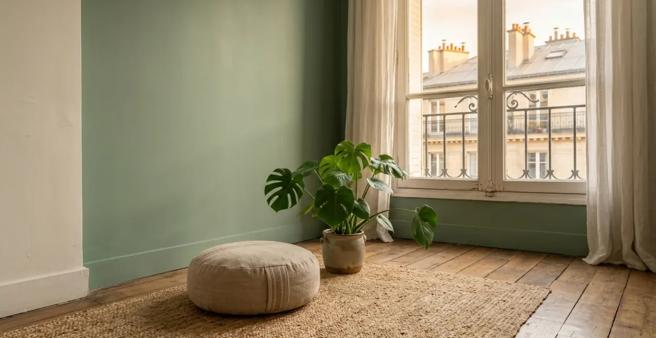 Coin méditation avec zafu, plante verte et mur vert sauge dans un studio parisien lumineux