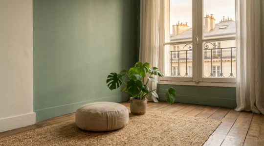 Coin méditation avec zafu, plante verte et mur vert sauge dans un studio parisien lumineux