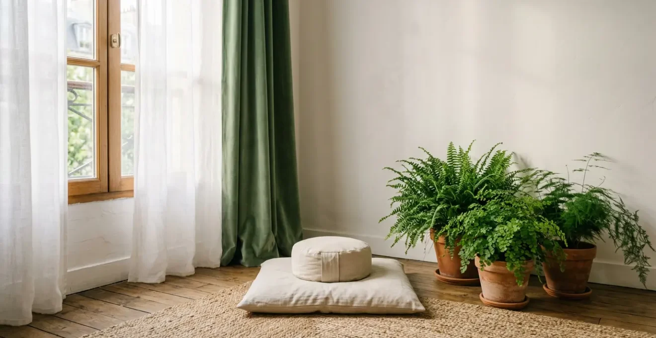 Espace de méditation zen aménagé dans un coin de maison avec rideaux en velours et plantes vertes