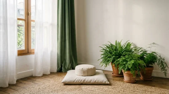 Espace de méditation zen aménagé dans un coin de maison avec rideaux en velours et plantes vertes
