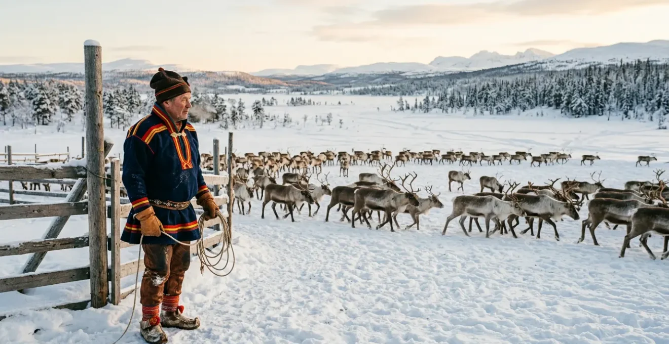 Éleveur Sami en costume traditionnel gákti avec son troupeau de rennes dans un paysage enneigé de Laponie