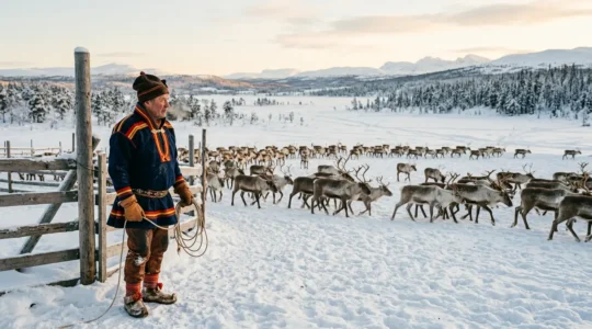 Éleveur Sami en costume traditionnel gákti avec son troupeau de rennes dans un paysage enneigé de Laponie