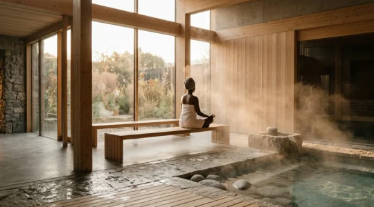 Personne relaxée dans un spa moderne avec vapeur et lumière dorée évoquant les bienfaits thermiques