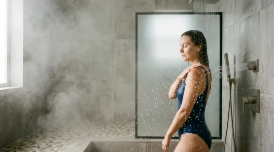 Jet d'eau puissant sur une peau brillante avec contraste de vapeur chaude et gouttes froides