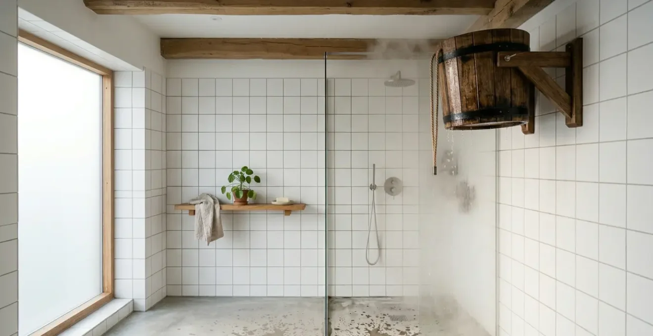 Installation d'une douche scandinave avec seau à bascule en bois dans une salle de bain moderne