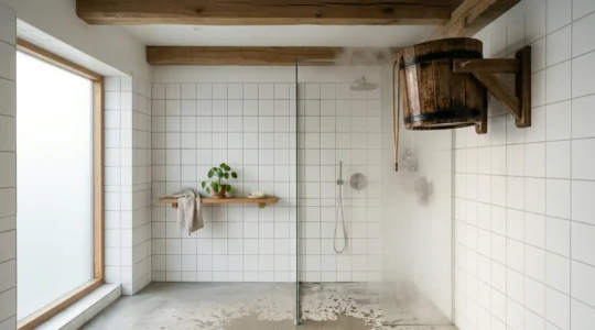 Installation d'une douche scandinave avec seau à bascule en bois dans une salle de bain moderne