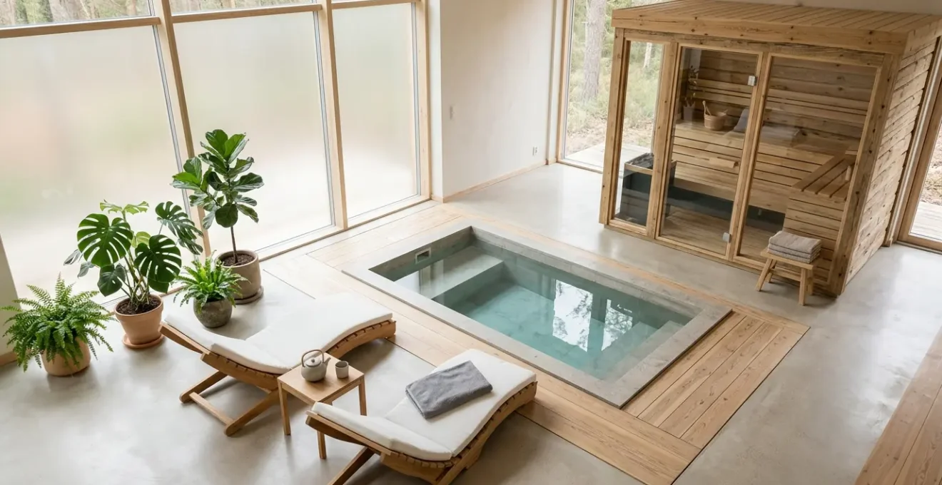 Vue d'ensemble d'un espace spa personnel avec sauna en bois et jacuzzi intégré dans une pièce moderne