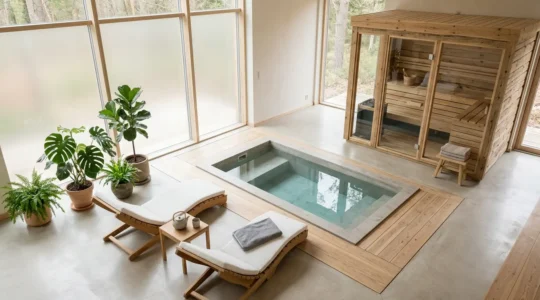 Vue d'ensemble d'un espace spa personnel avec sauna en bois et jacuzzi intégré dans une pièce moderne