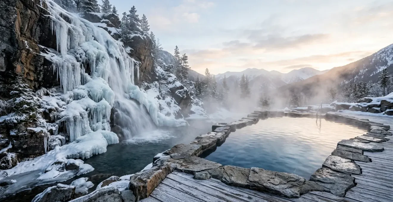 Contraste visuel entre cascade d'eau glacée dynamique et bassin thermal calme dans un spa de montagne