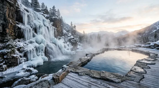 Contraste visuel entre cascade d'eau glacée dynamique et bassin thermal calme dans un spa de montagne
