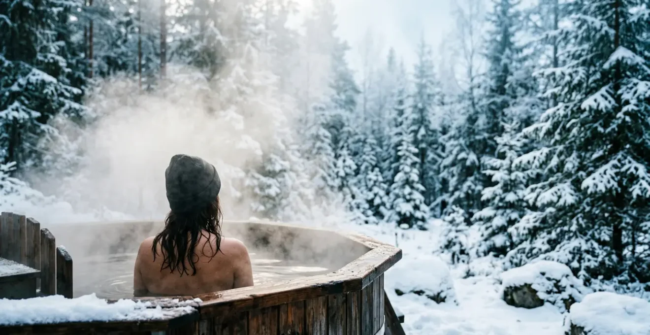 Personne immergée dans un bain nordique extérieur en bois entouré de vapeur dans un environnement forestier hivernal