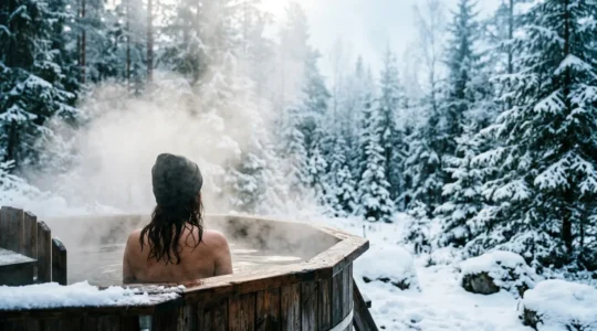 Personne immergée dans un bain nordique extérieur en bois entouré de vapeur dans un environnement forestier hivernal