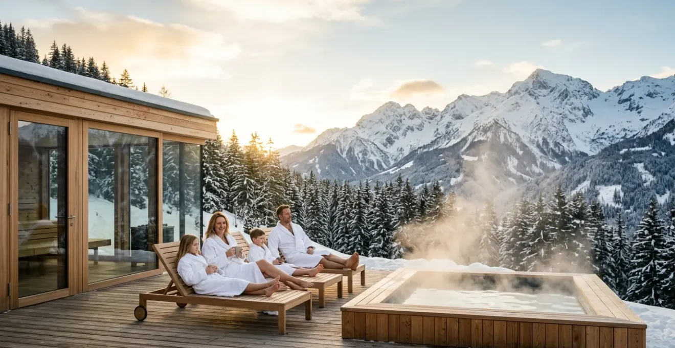 Famille profitant d'un spa en station de ski avec vue sur les montagnes enneigées
