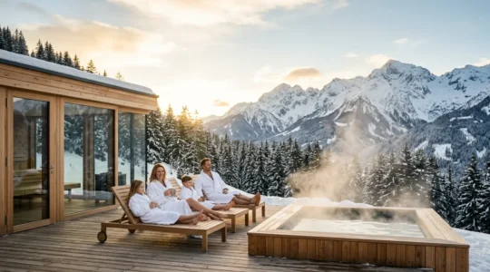 Famille profitant d'un spa en station de ski avec vue sur les montagnes enneigées