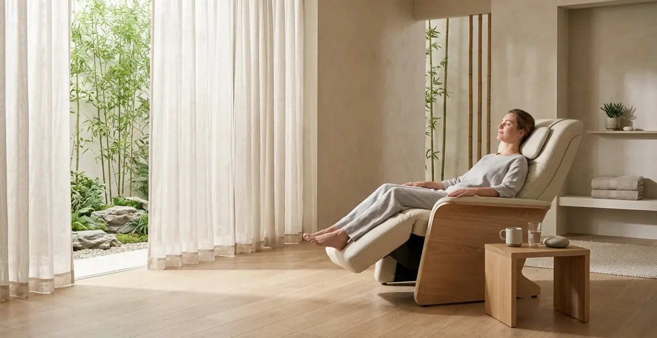 Vue d'ensemble d'un espace de relaxation moderne avec fauteuil de massage en position zéro gravité