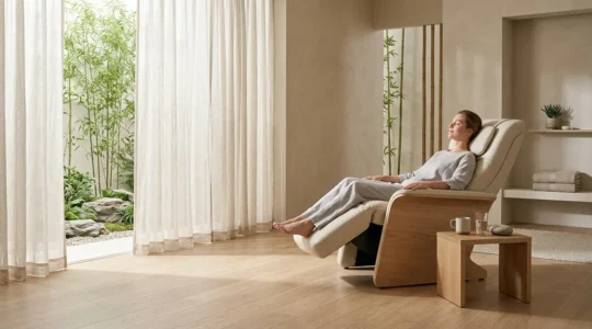 Vue d'ensemble d'un espace de relaxation moderne avec fauteuil de massage en position zéro gravité