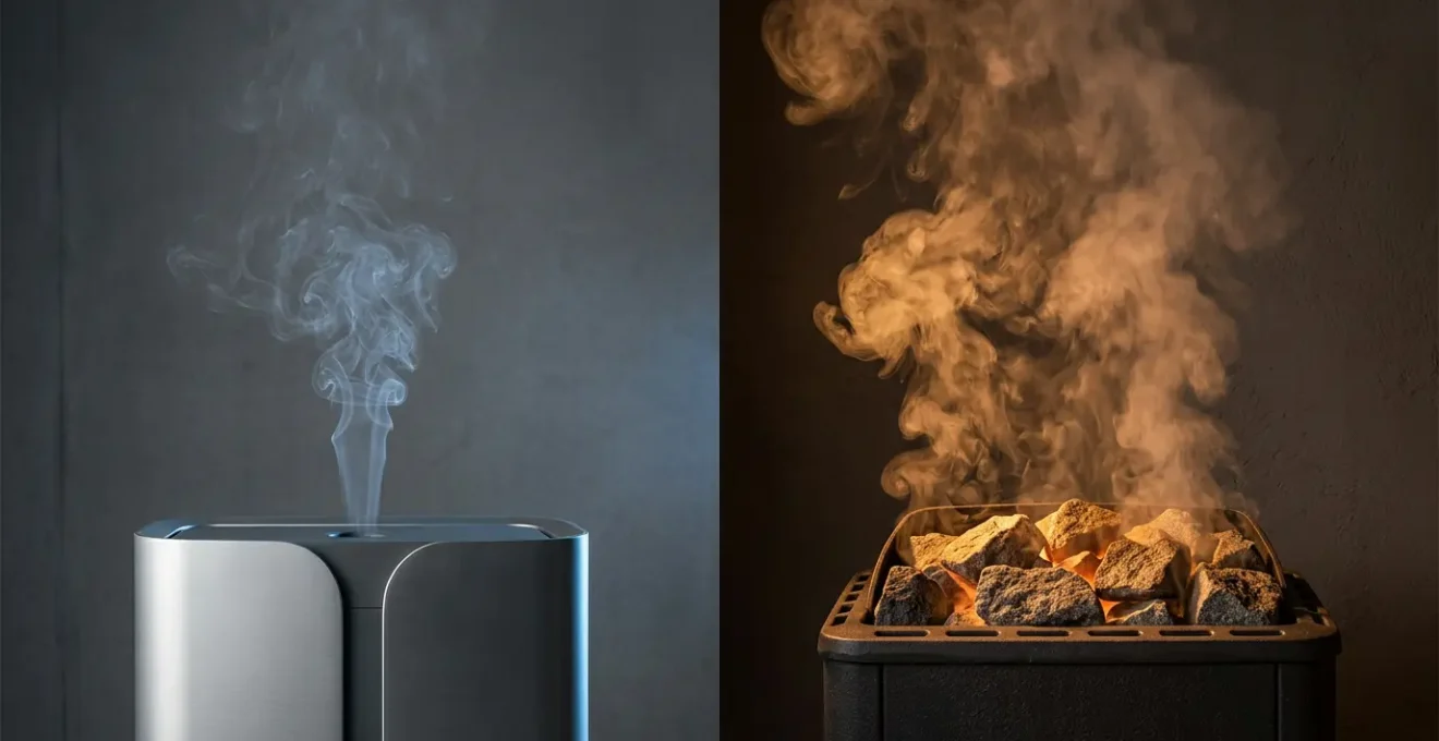 Vue comparative d'un générateur de vapeur moderne et d'un poêle classique dans un environnement spa