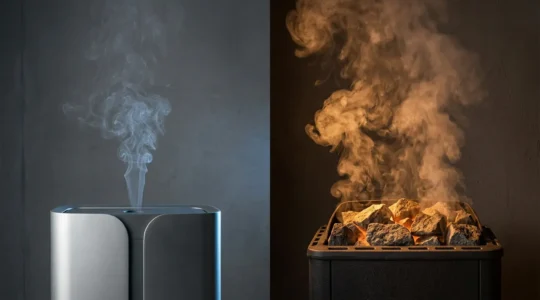 Vue comparative d'un générateur de vapeur moderne et d'un poêle classique dans un environnement spa