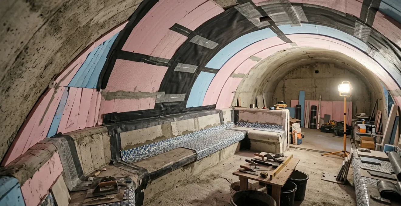 Vue architecturale d'un hammam carrelé en construction montrant les couches d'étanchéité et l'isolation