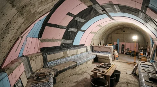 Vue architecturale d'un hammam carrelé en construction montrant les couches d'étanchéité et l'isolation