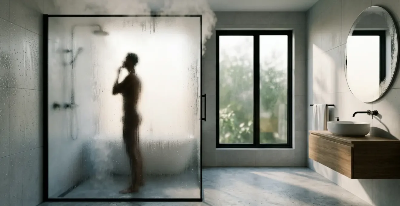 Personne sous une douche avec alternance de vapeur chaude et gouttelettes froides créant un contraste visuel