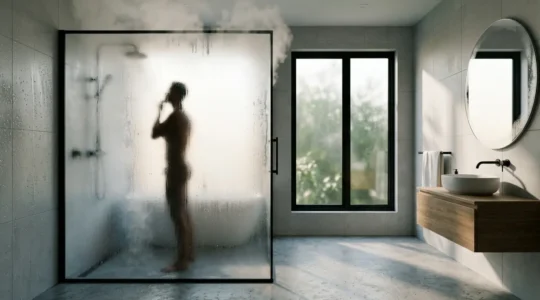 Personne sous une douche avec alternance de vapeur chaude et gouttelettes froides créant un contraste visuel