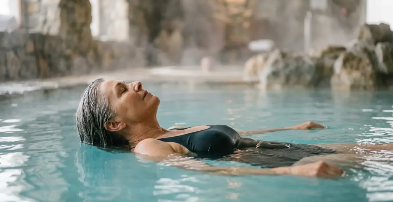 Personne de 60 ans en position de flottaison thérapeutique dans un bassin thermal, soulagement articulaire visible