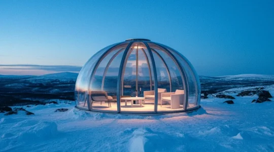 Igloo de verre luxueux sur une colline enneigée de Laponie finlandaise sous un ciel étoilé