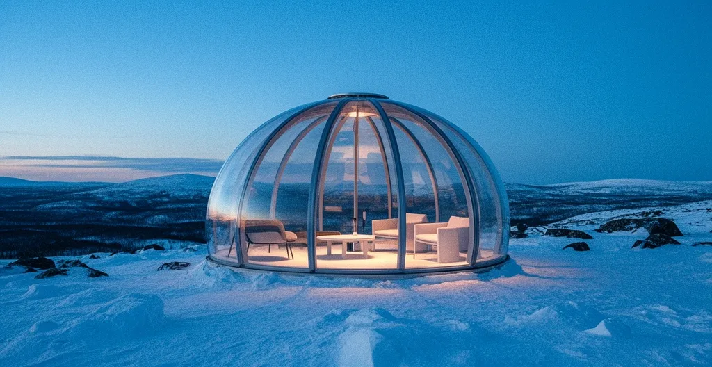 Igloo de verre luxueux sur une colline enneigée de Laponie finlandaise sous un ciel étoilé
