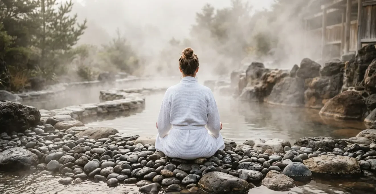 Personne en peignoir blanc méditant dans un spa naturel entouré de vapeur et de pierres chaudes