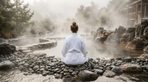 Personne en peignoir blanc méditant dans un spa naturel entouré de vapeur et de pierres chaudes
