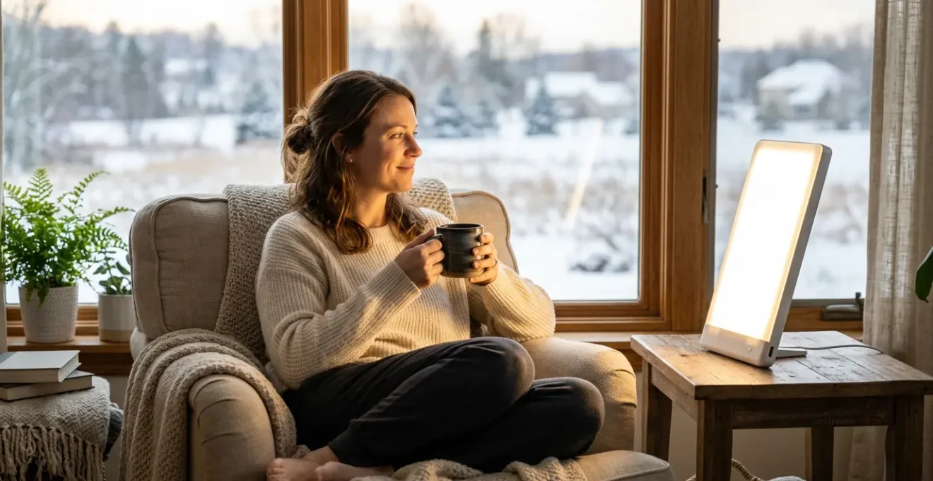 Personne profitant d'une séance de luminothérapie matinale avec lampe spéciale dans un intérieur chaleureux