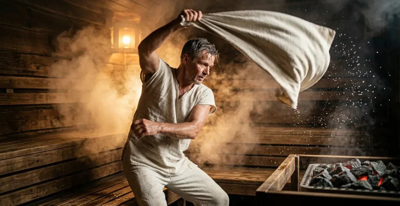 Maître Aufguss exécutant un mouvement de serviette dans un sauna traditionnel avec vapeur aromatique