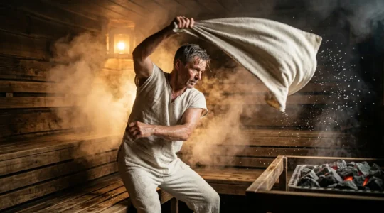 Maître Aufguss exécutant un mouvement de serviette dans un sauna traditionnel avec vapeur aromatique