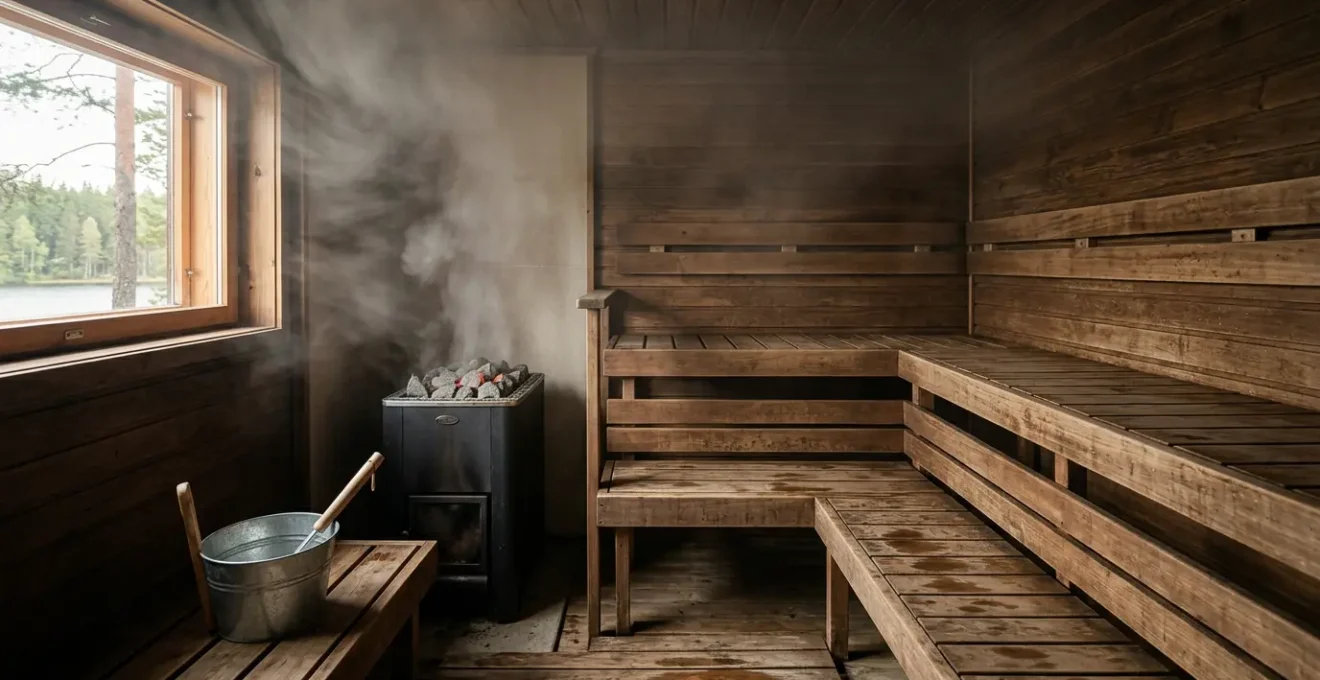 Vue intérieure d'un sauna finlandais avec vapeur douce s'élevant des pierres chauffées